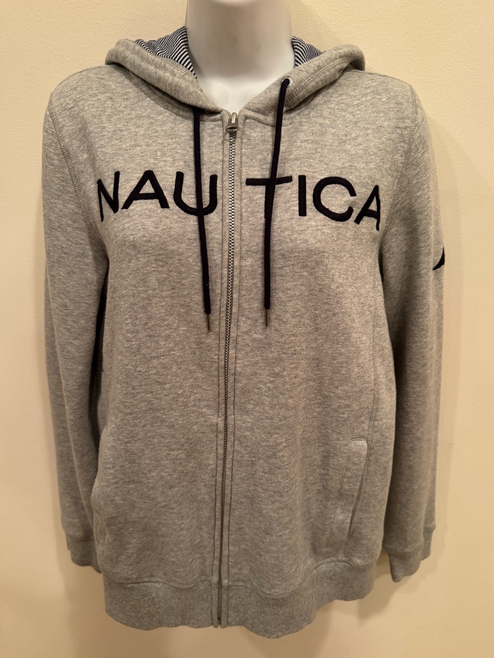 Nautica Womens Medium Light Gray Zip Hoodie with Navy Accents/Cotton/Pockets/EUC